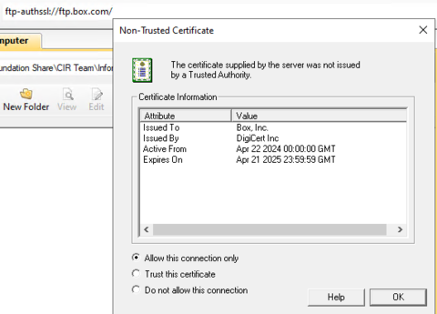Non-Trusted Certificate preventing scheduled FTP connection -- Please help!