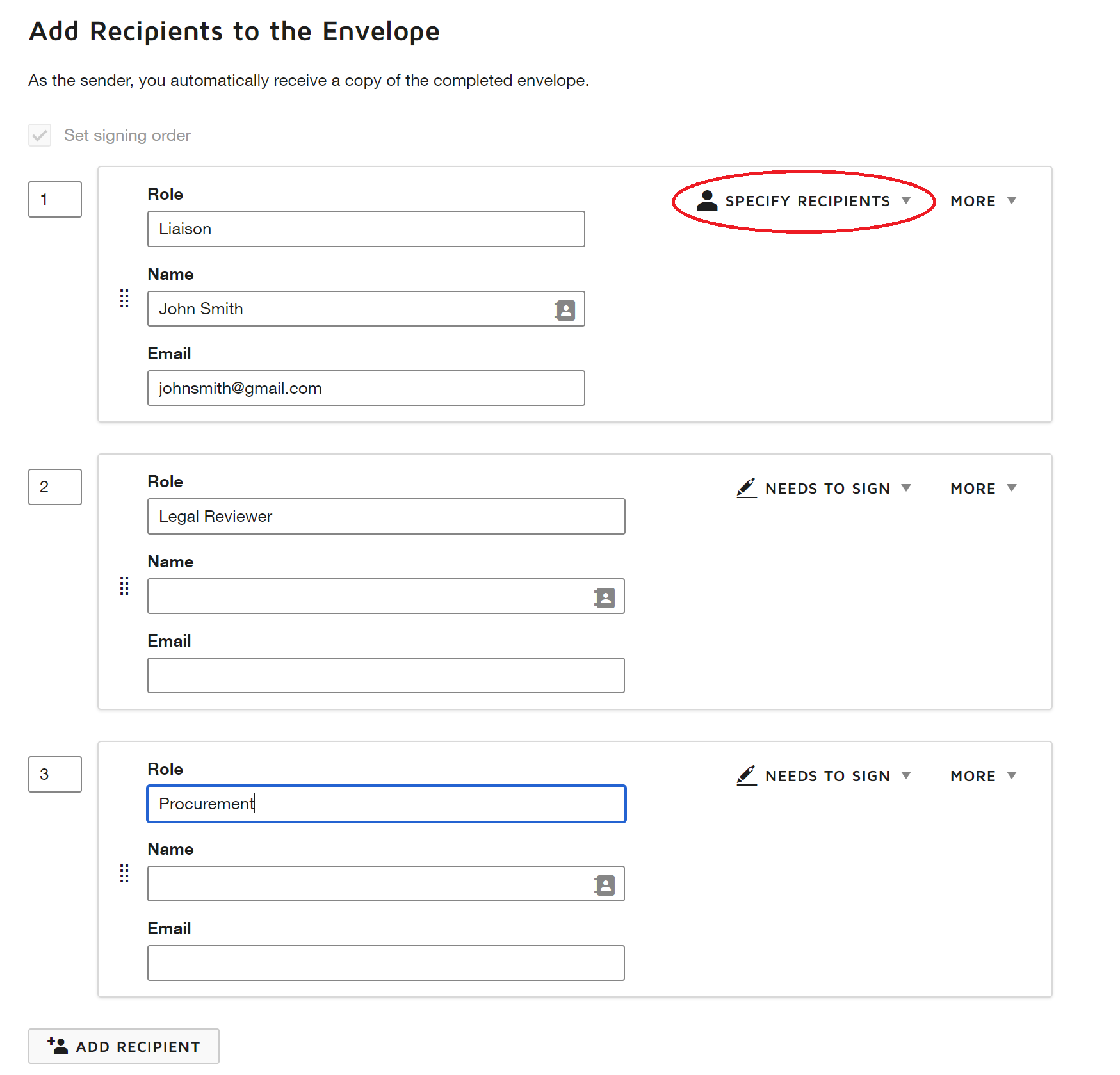 Specify Recipients Example