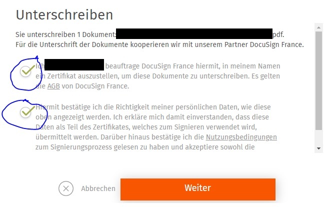 Screenshot Docusign Zertifikat bestätigen