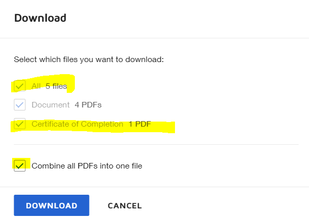 If I tick "Combine all PDFs into one file", the app will automatically tick "All" and "Certificate of Completion" as well