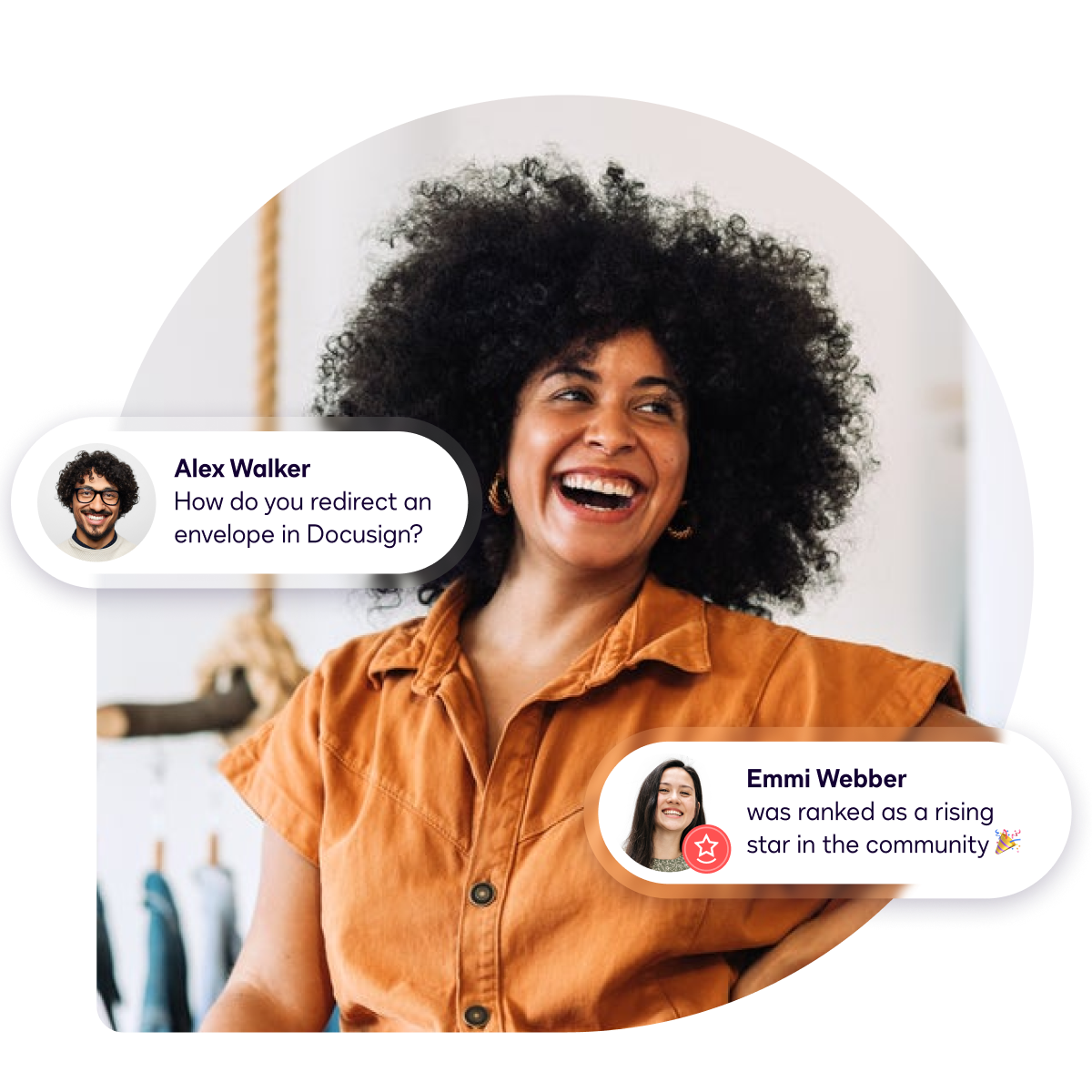 Woman laughing with UI text bubbles