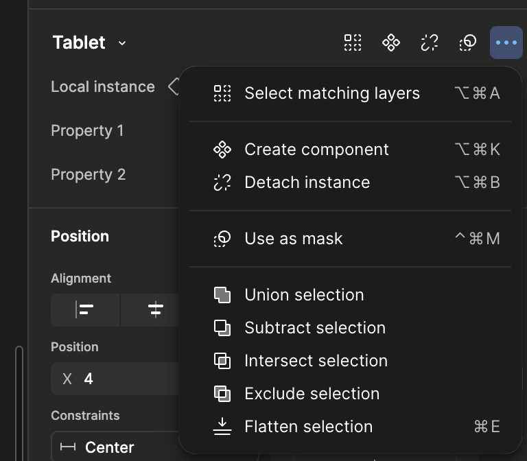 Context menu (right) for the design