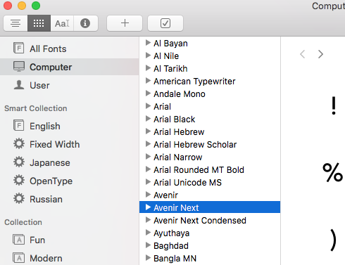 Font Book app on Mac showing Avenir Next