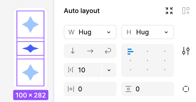 Resizing options in the right panel: both axis are set to hug contents for the nested instances