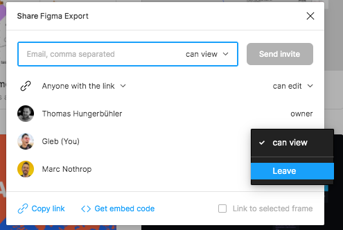 File Share modal, lists of guests. Gleb (You) and dropdown with can view and Leave options, Leave highlighted