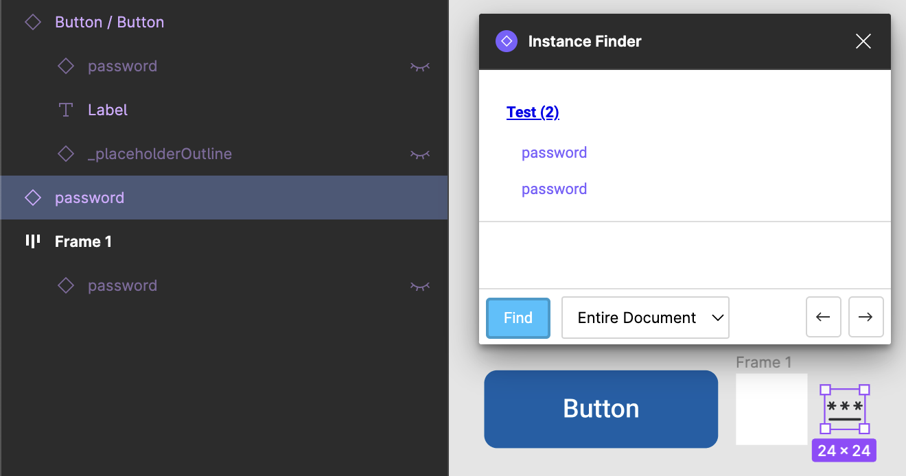 Pic 2: the ones in Frame 1 and in the button is hidden: The instance in the frame can still be found while the one in the button cannot