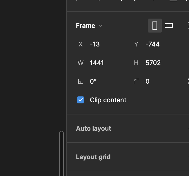 Screenshot shows figma UI and frame settings set to clip content