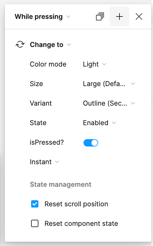 Add new action from the + sign in the variant interactions modal