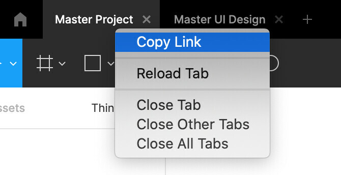 Figma desktop app tab right click menu → Copy Link