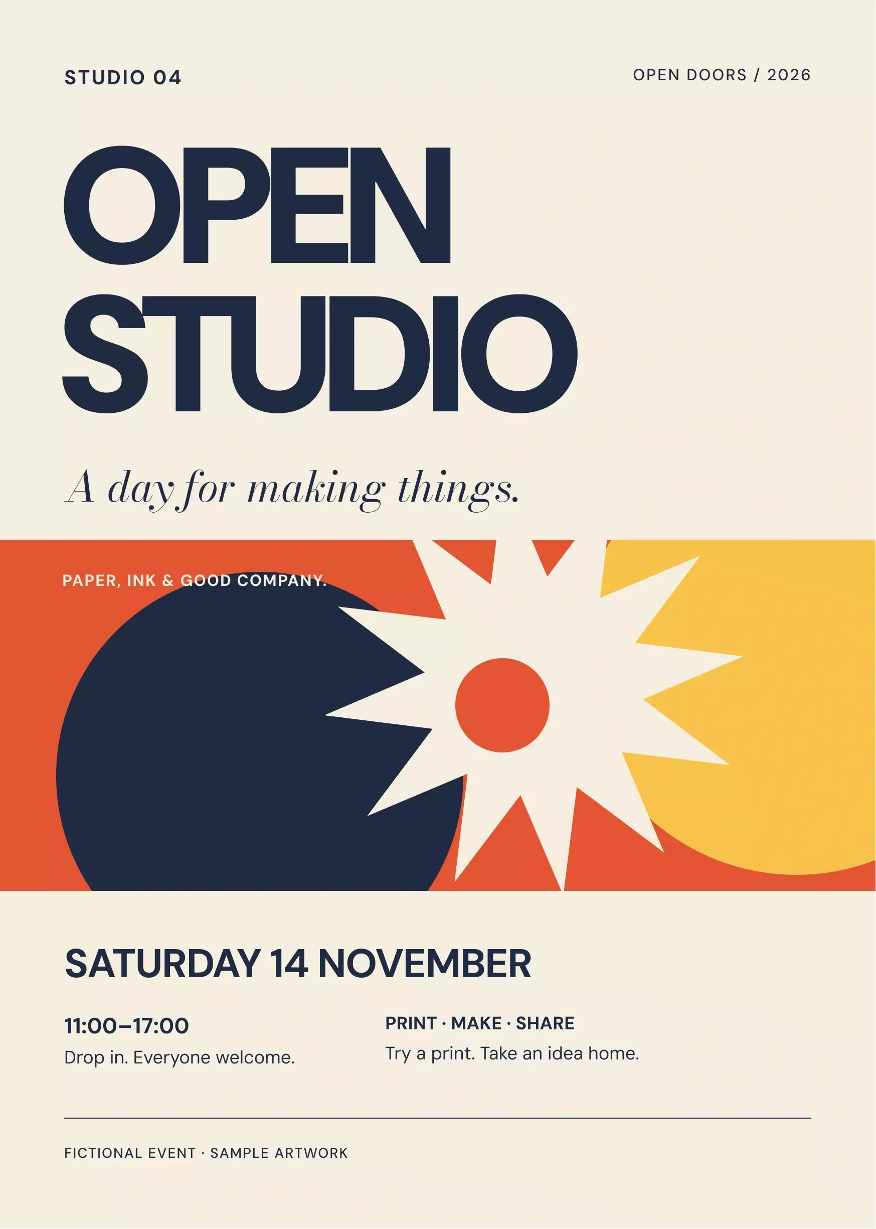 Open Studio event flyer in navy, cream, orange and yellow