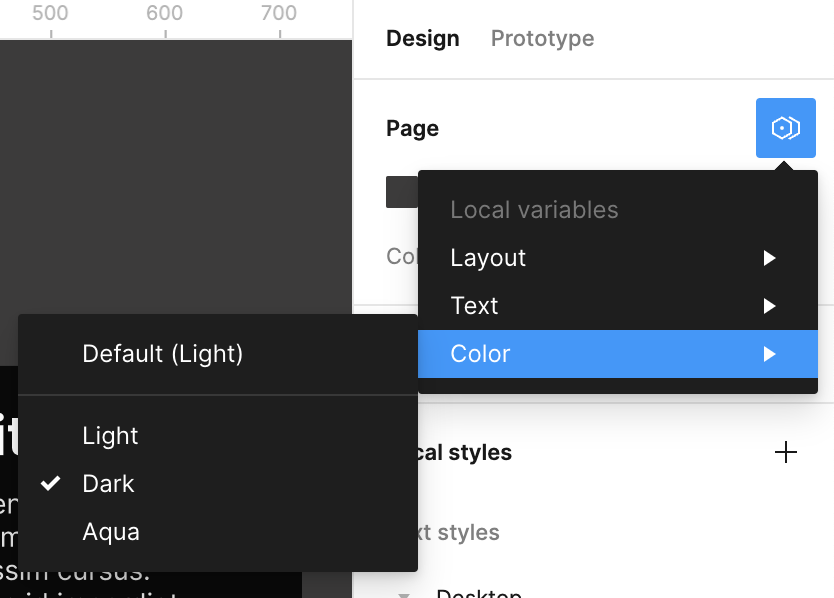 Page dropdown showing Dark mode is selected