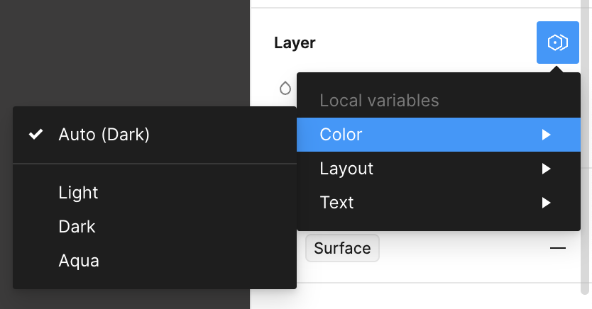 Frame with the layer dropdown showing that Dark mode is auto selected since the page is set to Dark mode