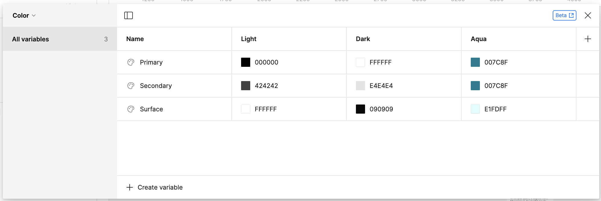 Variables interface with three modes Light, Dark, and Aqua for three color variables Primary, Secondary, and Surface