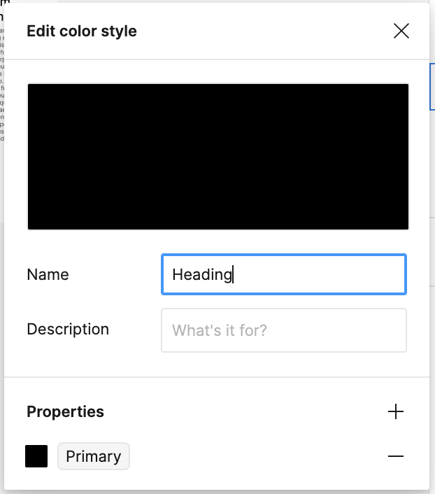 Figma color style interface with Brand/Heading style set to the Primary color variable