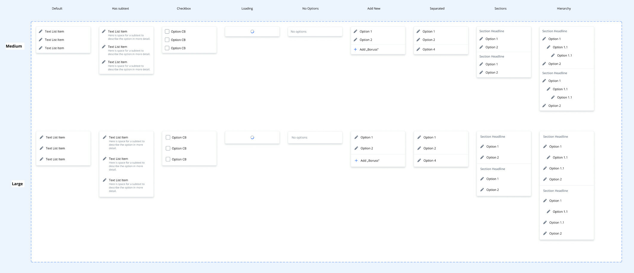 Dropdown list component with different variants