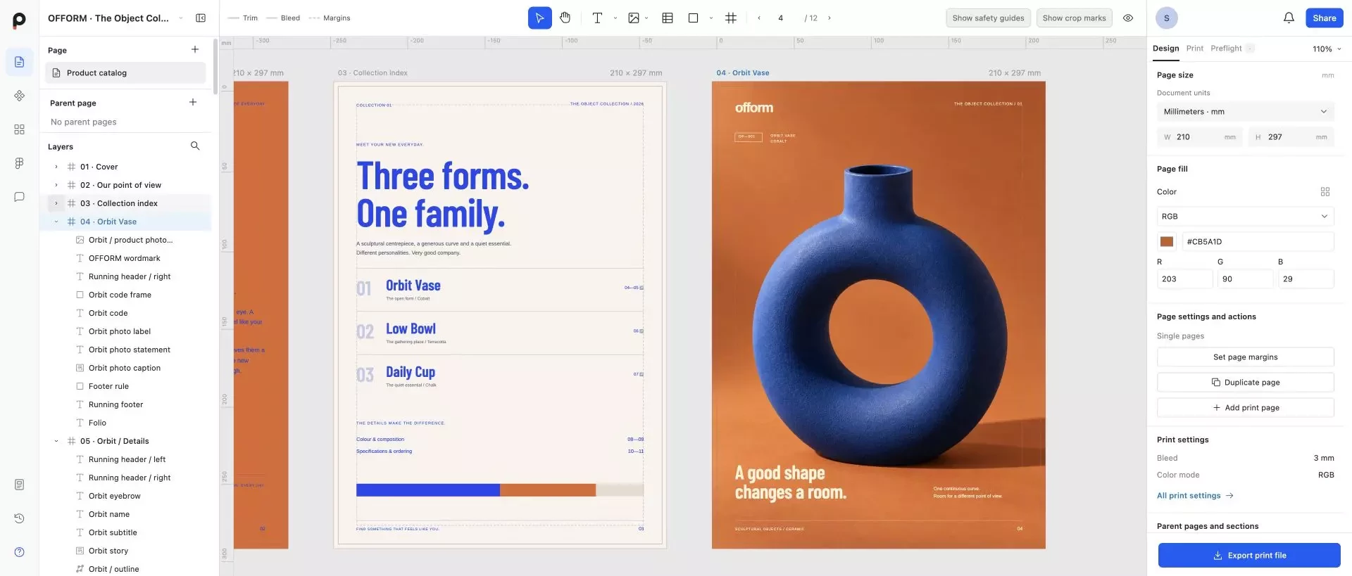 Real Printery App editor showing two pages of the OFFORM product catalog, page layers and design controls