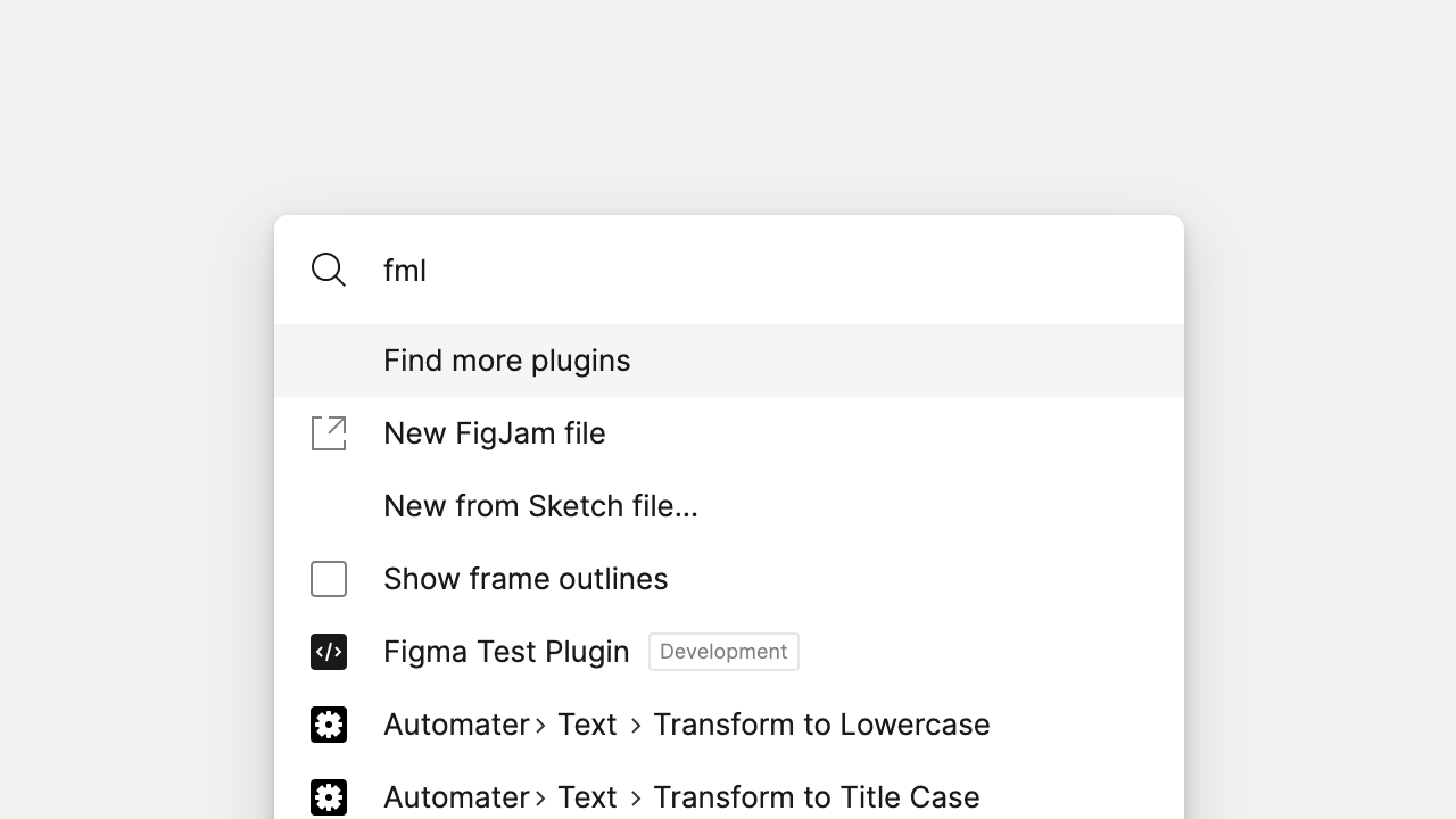 Figma search “fml”, first result is “find more plugins”