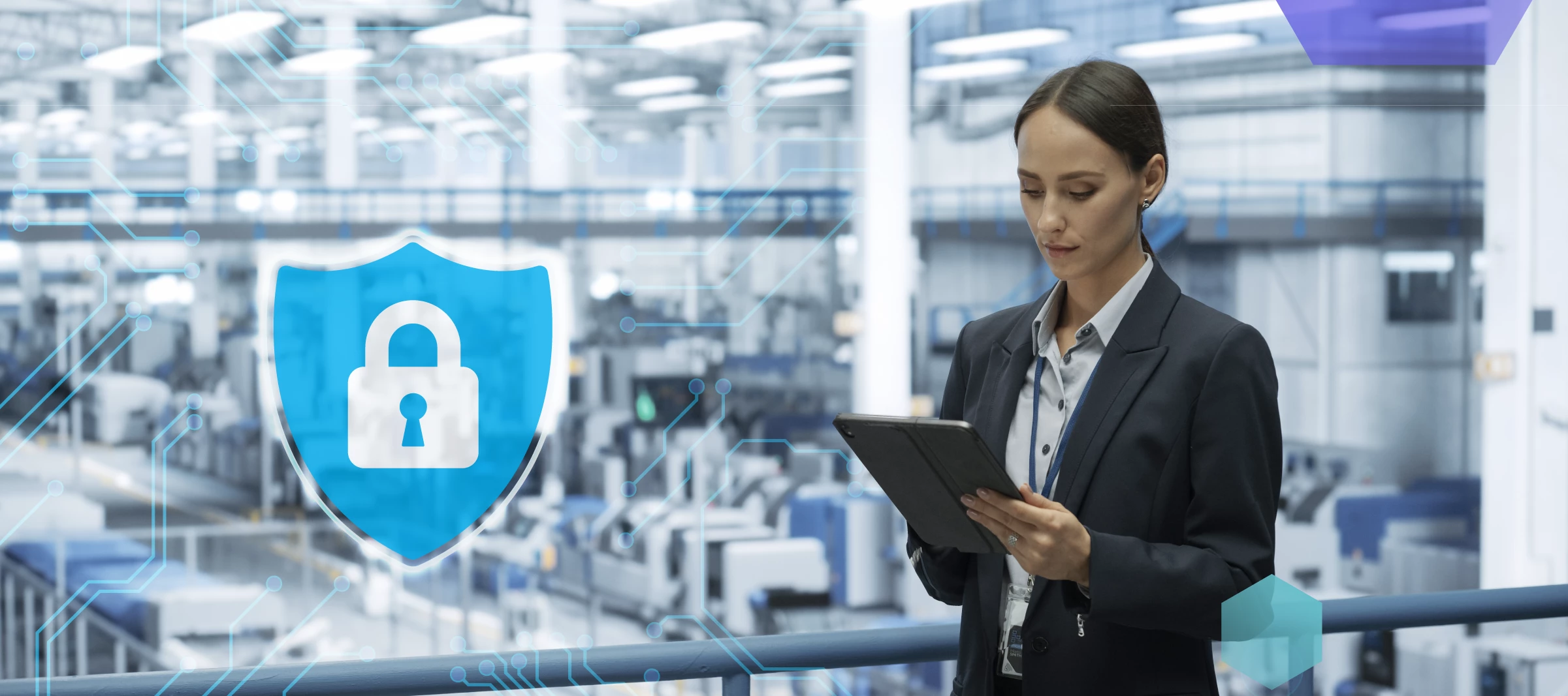 Women with clipboard standing in front of data centre with a graphic of padlock on shield symbol