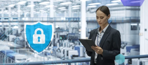 Women with clipboard standing in front of data centre with a graphic of padlock on shield symbol
