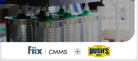 Cans of beans on a factory line featuring Fiix CMMS and Bush Brother's company logos