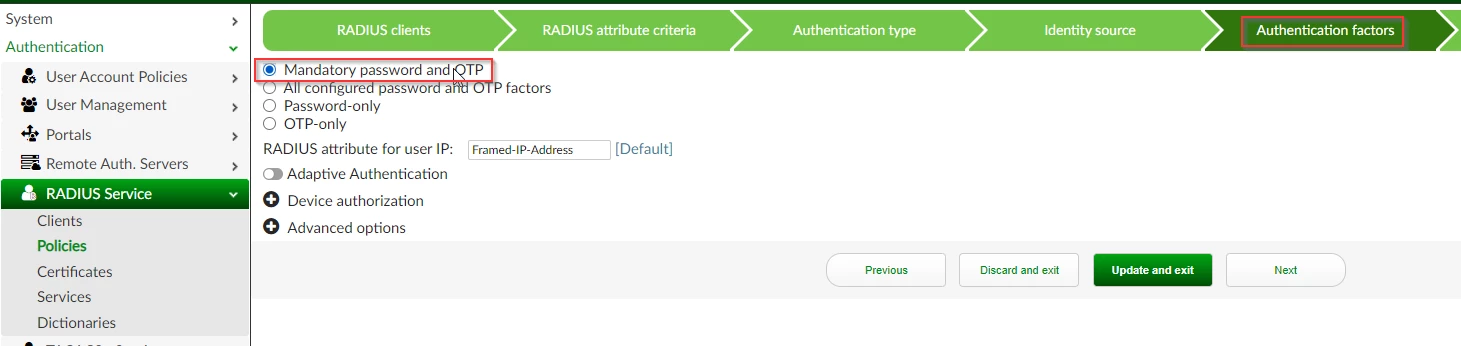 FAC GUI - RADIUS policy authentication factors