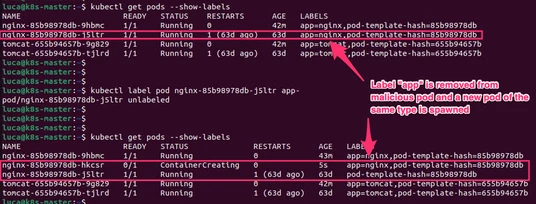 Removing the label app=nginx from pod nginx-85b98978db-j5ltr effectively prevents inbound traffic from outside the Kubernetes cluster to the malicious pod. A new pod named nginx-85b98978db-hkcsr is immediately spawned by Kubernetes due to the existing deployment object.