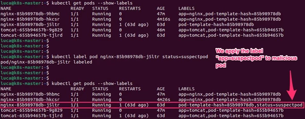Adding the label “status=suspectpod” to malicious pod “nginx-85b98978db-j5ltr”