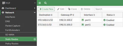 Static routes configuration