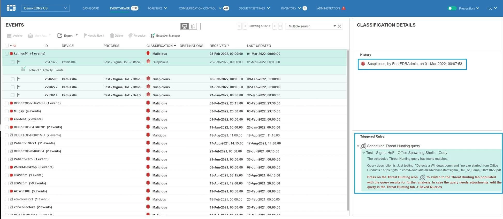 UploadedImages_IvSPjrcyRgGKwSrMz0e0_A schedule and customized query generates a hit and filters it to the events view in FortiEDR.jpeg