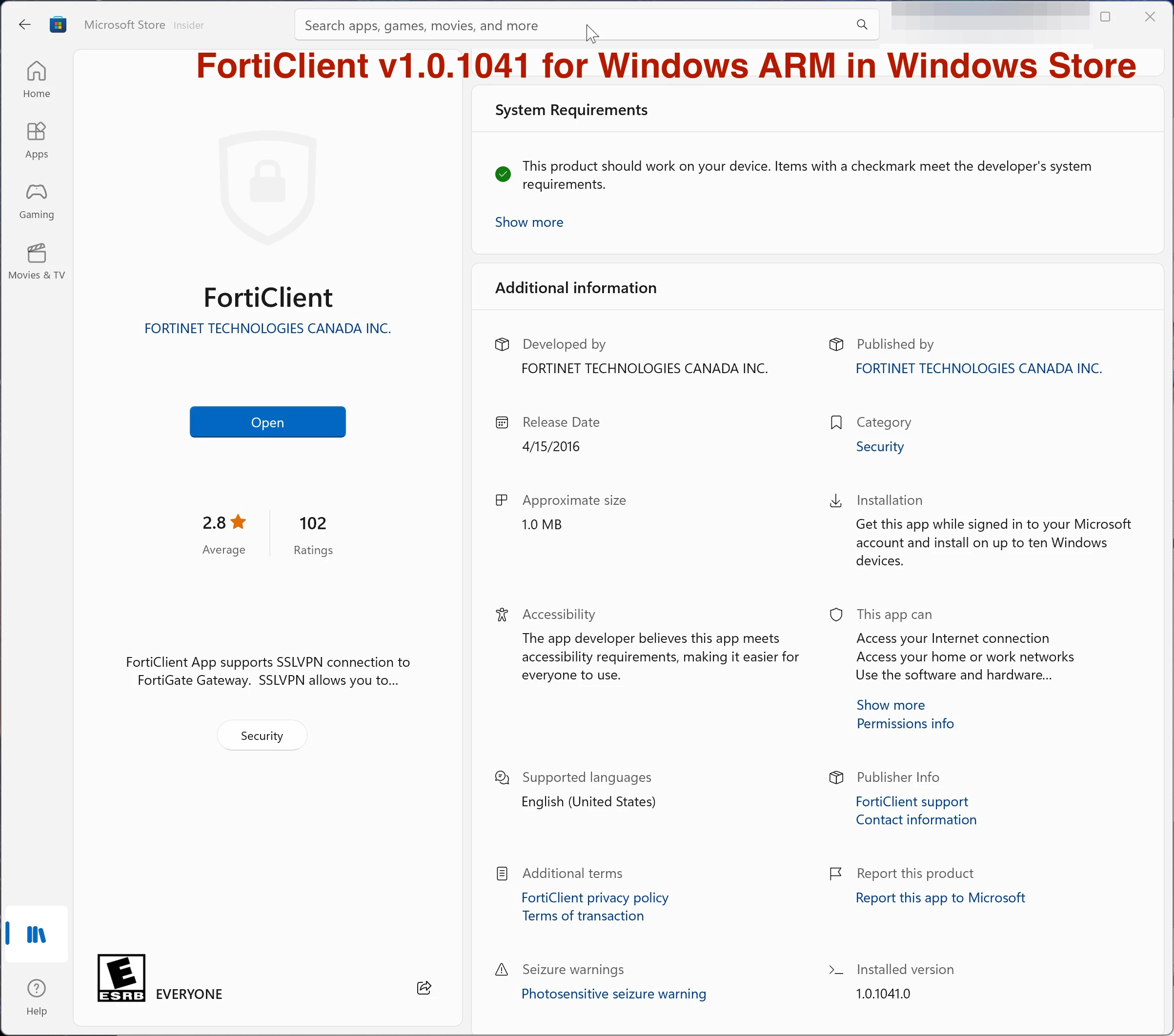 App in Windows Store