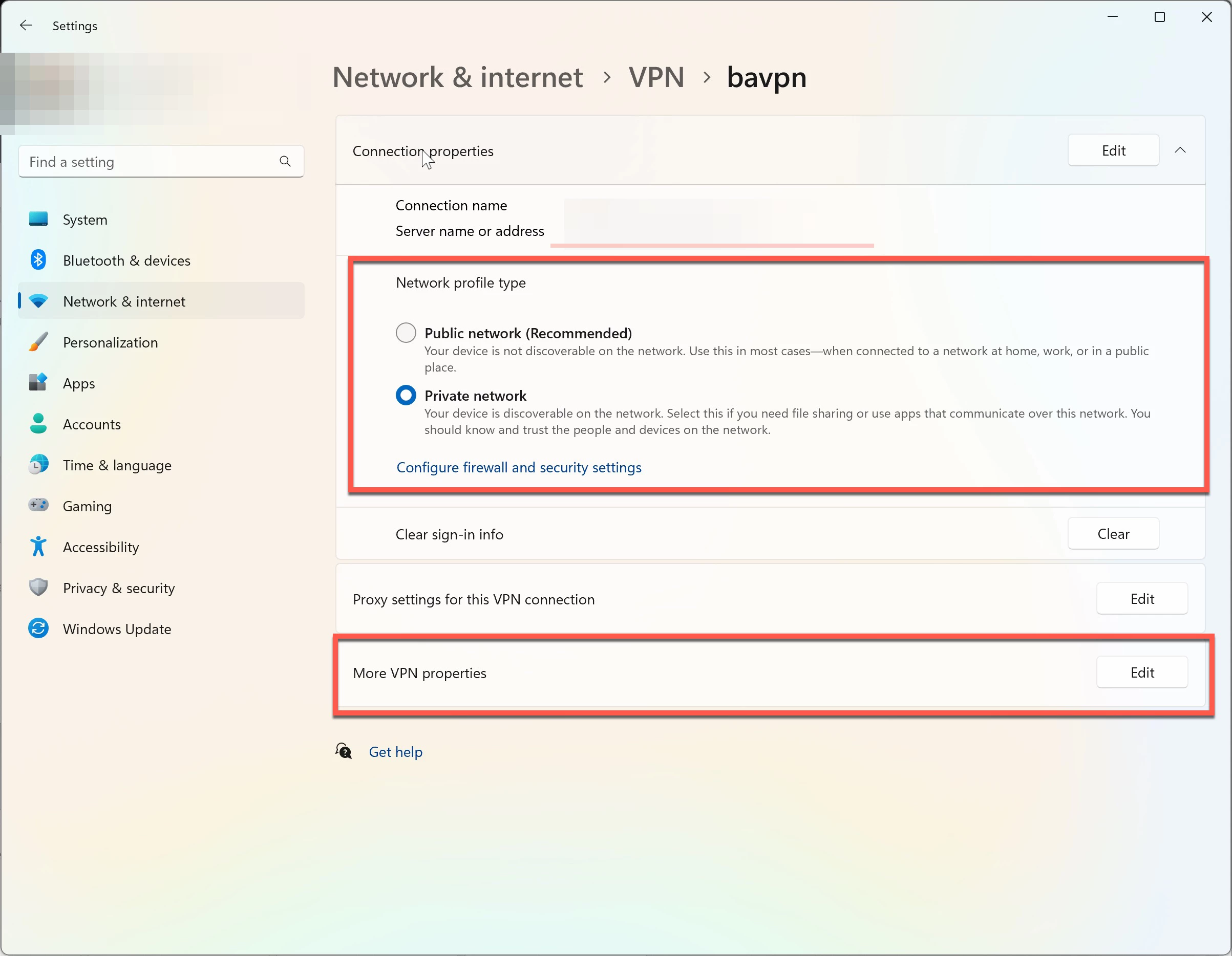 Settings of a Connection
