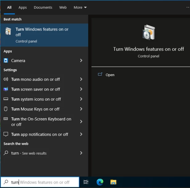 1.Navigate to start and search for Turn windows features on or off.