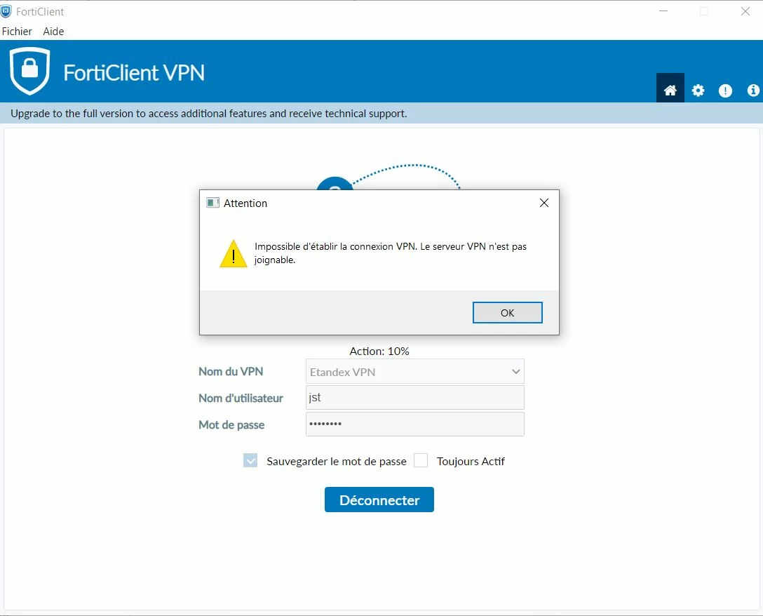 Forticlient Error Impossible to connect 10% Error - Forticlient VPN | Community