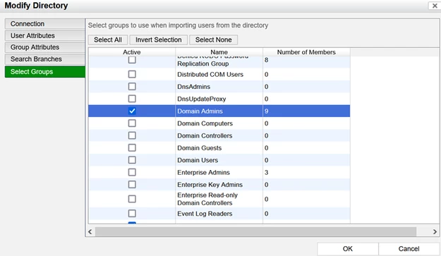Figure 2. Select the needed groups for Administrator account synchronization in FortiNAC.