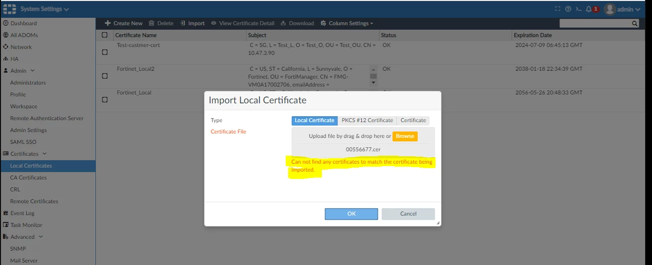 Technical Tip: FortiManager certificate import with the error 'Can not ...