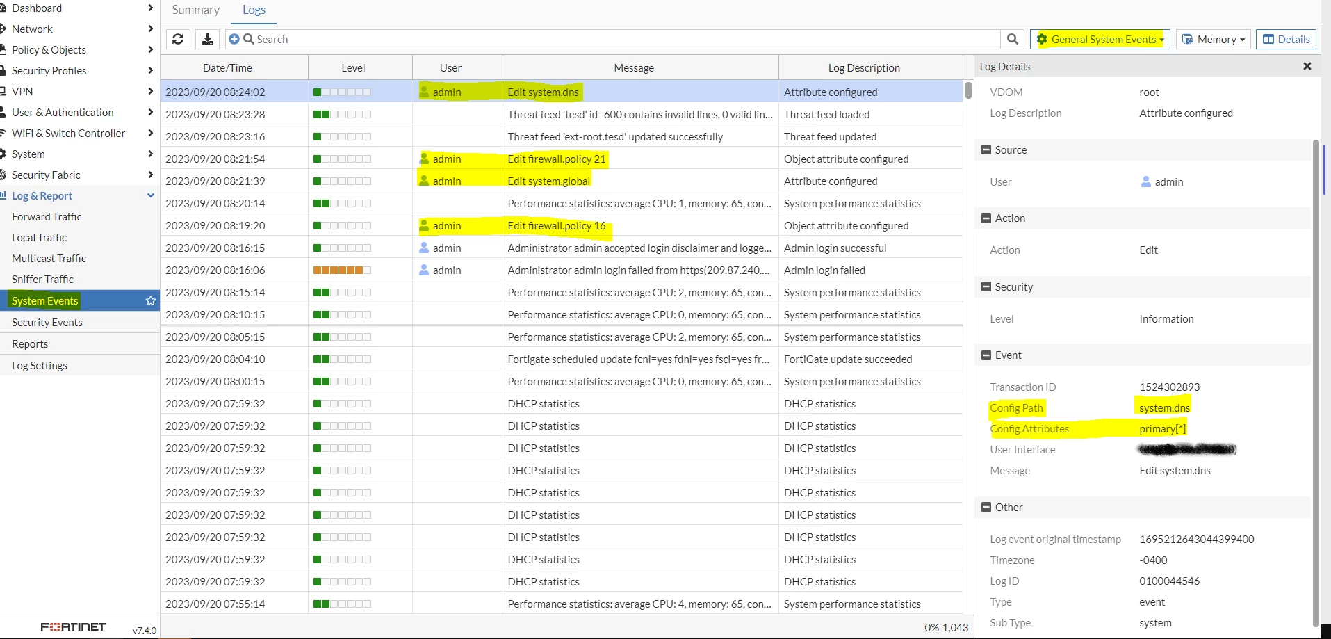 Fortigate System.log Technical Tip: How to audit logs of admin users on FortiGate | Community