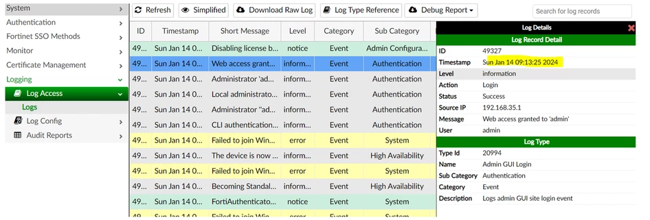 Fortiauthenticator Gui Technical Tip: Raw logs shows a different time to the displayed time in ...