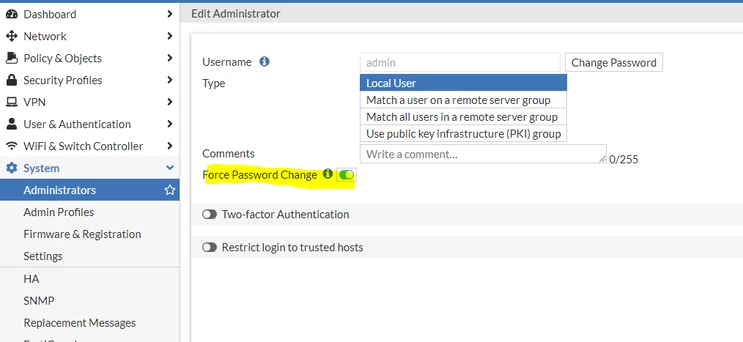Technical Tip: How to force a password change for a FortiGate admin ...