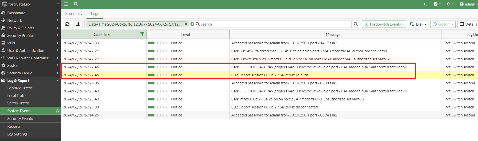 Figure 7. FortiGate Log events related to FortiSwitch port changes.