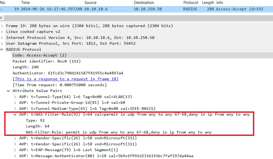Figure 8. FortiNAC sends DACL through RADIUS Accept-Accept after successful user reauthentication.