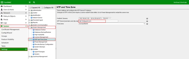 NTP GUI.png Figure 1. Specify the NTP Server on FortiNAC GUI.