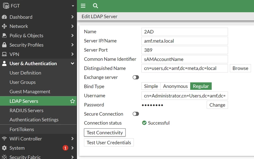 Figure 4. LDAP Server configuration in FortiGate