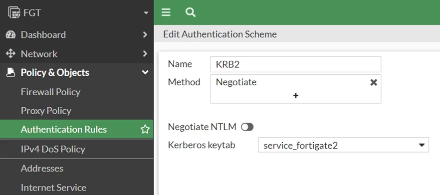 Figure 10. Authentication Scheme configuration in FortiGate