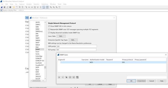 Figure 1. Adding a new SNMP user in order to decrypt an read SNMPv3 packets.