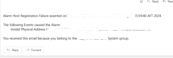 Figure 1. Host registration failure triggered due to "Invalid Physical Address" event message.