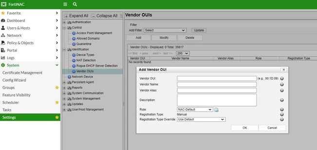 Figure 3. Adding new Vendor OUI in System>Settings>Identification>Vendor OUI.