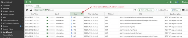 Figure 2. Verifying a L2 poll from FortiNAC in FortiGate REST API logs