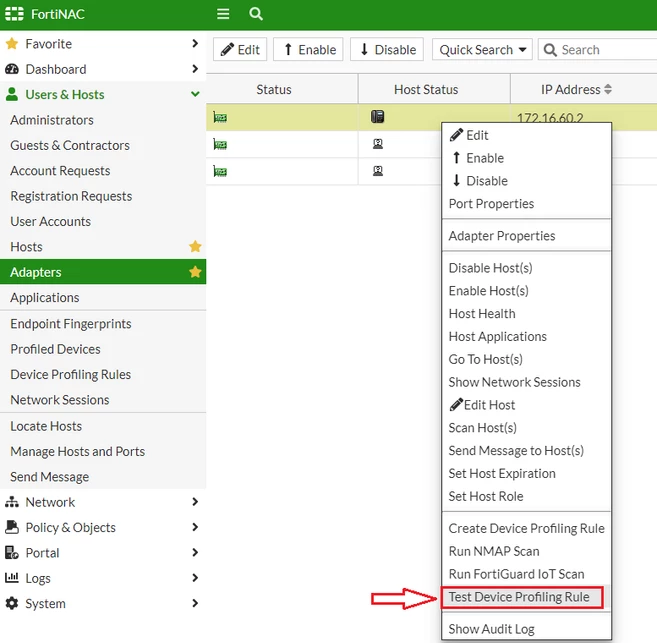 Figure 1. Test Device profiling rule in Adapters view.