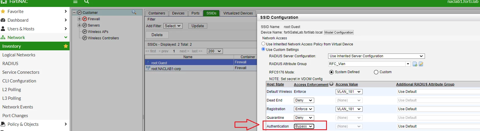 Figure 1. Verifying that "Authentication" Host state is set to "bypass".