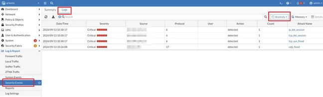 DoS anomalies logs generated